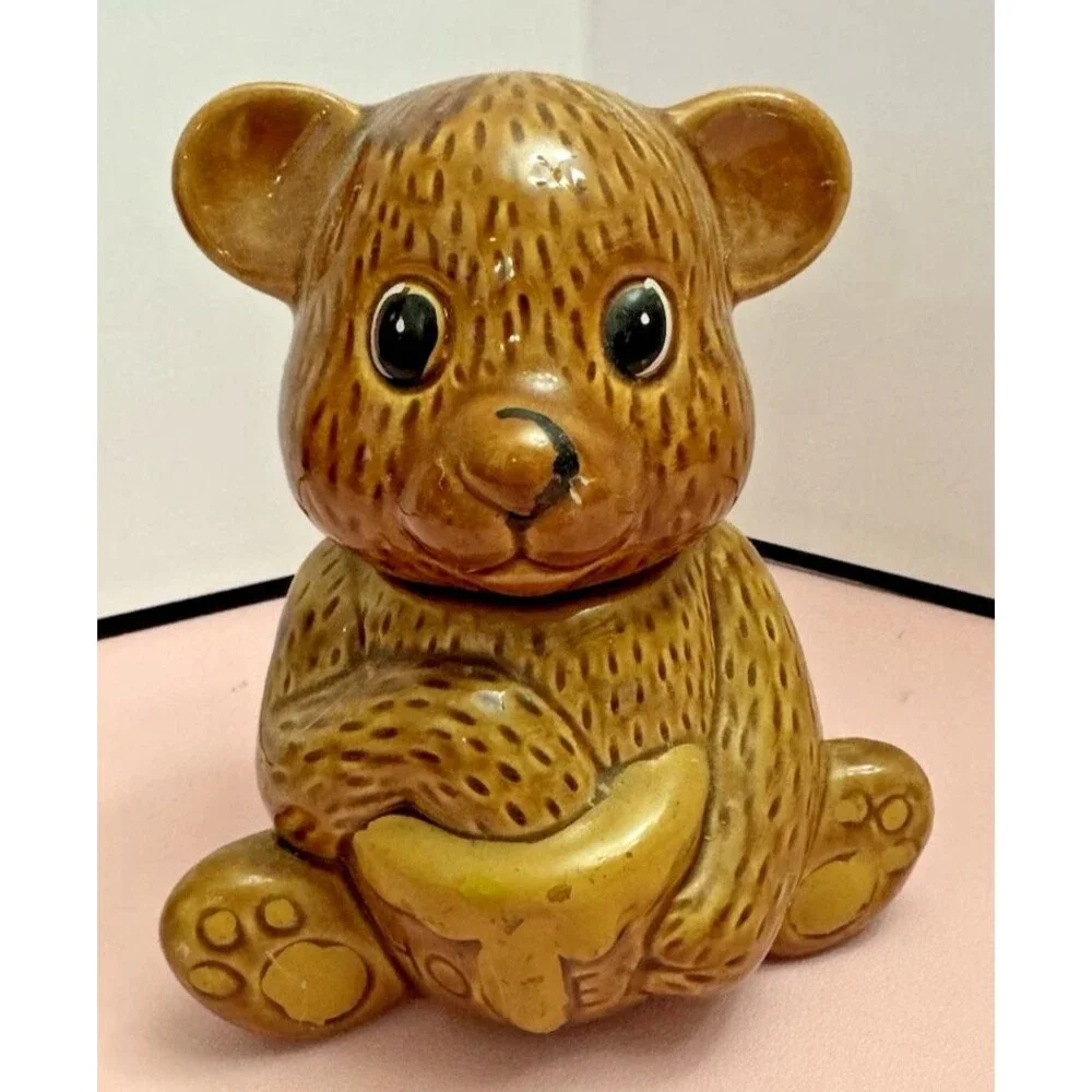 Vintage Ceramic Honey Bear Lidded Jar Brown Teddy Bear Holding Pot 5